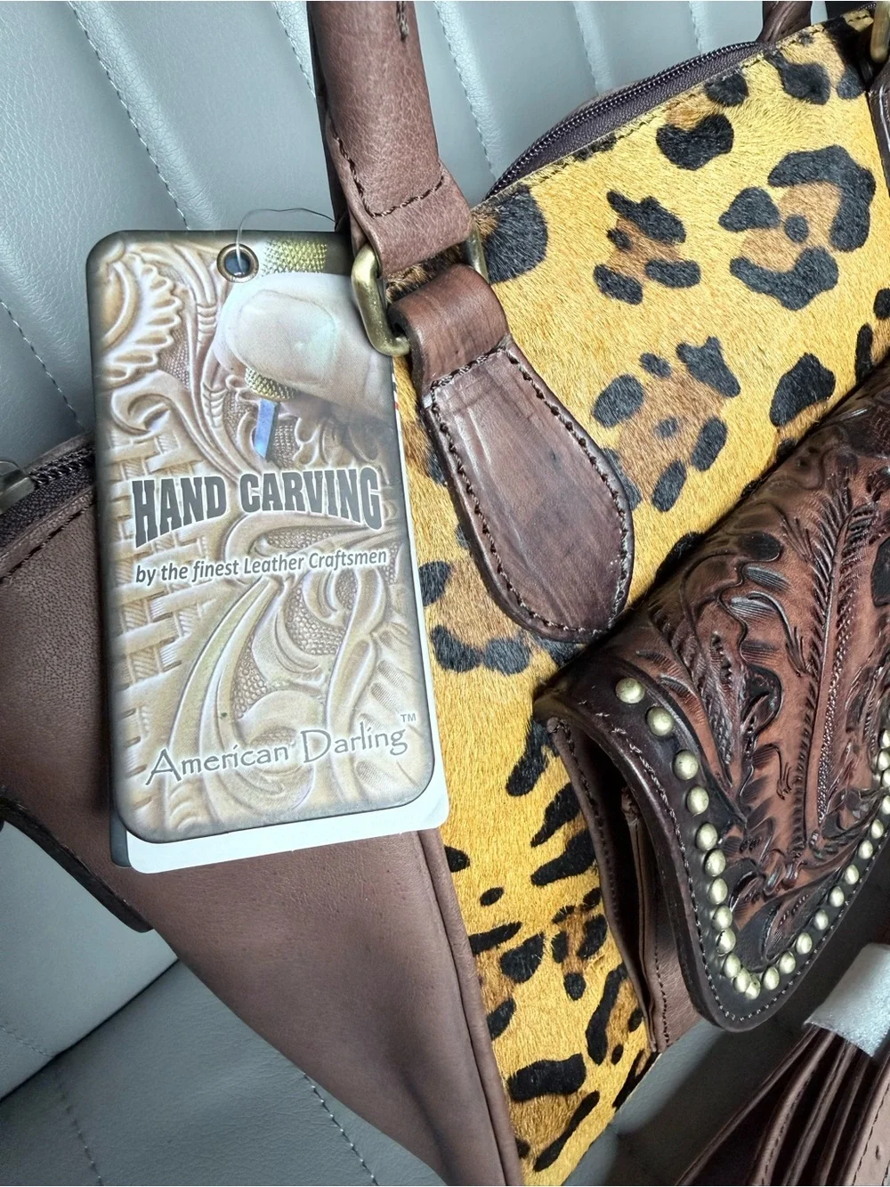American Darling Leopard Tooled Leather Hair on Hide Cowhide Conceal Carry Bag